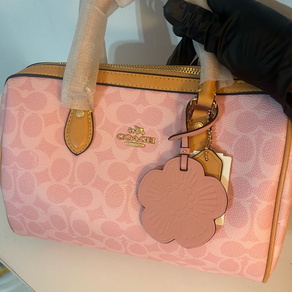 Coach Pink Signature Satchel with Tan Trim and Floral Charm - Picture 5 of 10